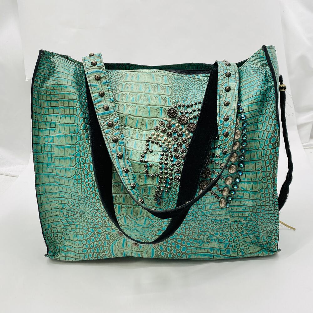 Arohoe turquoise crocodile leather studded southwestern tote bag